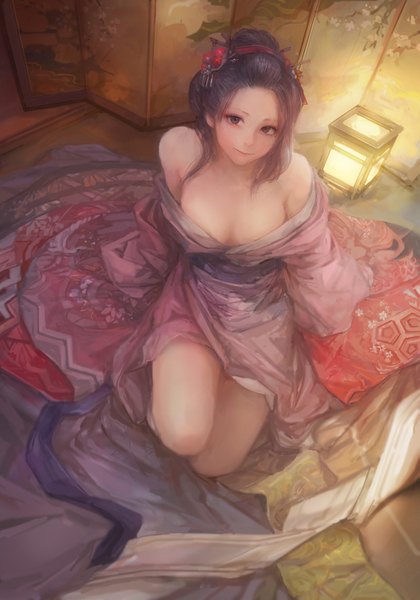 Anime picture 1051x1500 with original misshu single long hair tall image looking at viewer light erotic black hair smile sitting bare shoulders bent knee (knees) traditional clothes japanese clothes from above bare legs hair bun (hair buns) floral print girl hair ornament