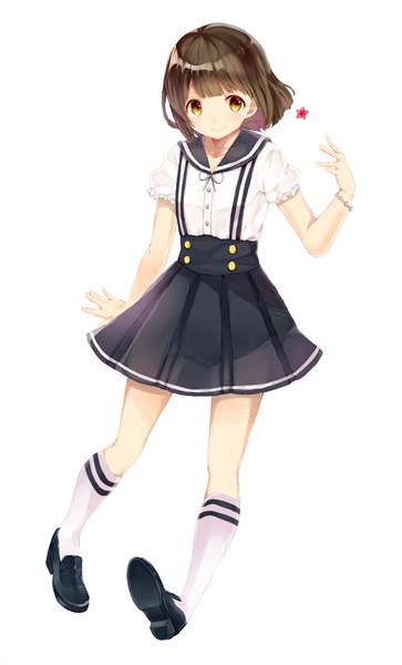 Anime picture 900x1486 with original sencha (senta 10) single tall image looking at viewer blush fringe short hair simple background smile brown hair standing white background brown eyes full body blunt bangs soles sailor collar girl socks