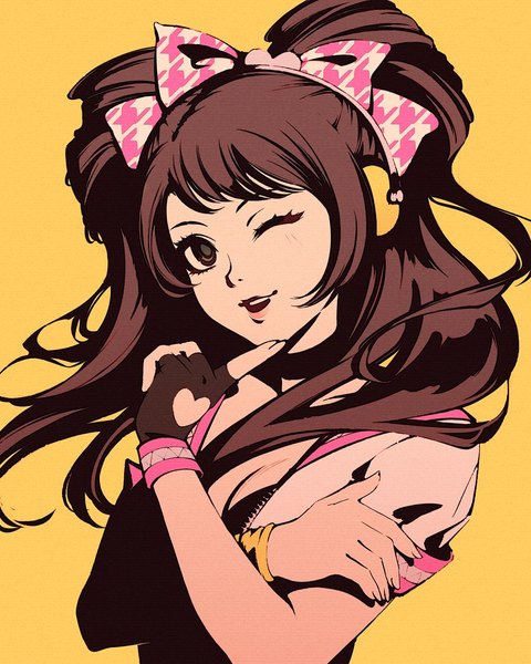 Anime-Bild 864x1080 mit persona 4 persona kujikawa rise moshimoshibe single long hair tall image looking at viewer fringe open mouth simple background brown hair brown eyes upper body blunt bangs one eye closed wink short sleeves portrait crossed arms