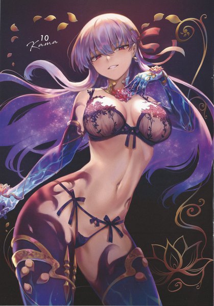 Anime picture 4882x6990 with fate (series) fate/grand order kama (fate) mashuu (neko no oyashiro) single long hair tall image looking at viewer fringe highres breasts light erotic hair between eyes red eyes large breasts bare shoulders absurdres purple hair parted lips scan