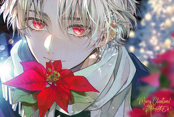 Anime picture 900x608 with original yakujyooz single looking at viewer short hair blonde hair smile red eyes upper body piercing ear piercing christmas merry christmas boy flower (flowers) scarf