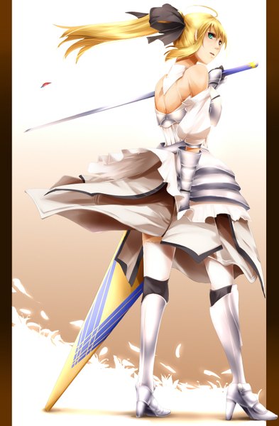 Anime picture 1047x1600 with fate (series) fate/stay night fate/unlimited codes studio deen type-moon artoria pendragon (all) saber saber lily umakatsuhai single long hair tall image blonde hair green eyes from behind girl dress weapon sword armor