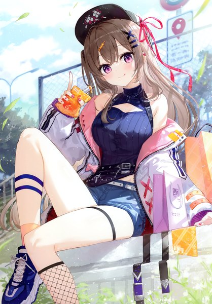 Anime picture 2419x3470 with original fuumi (radial engine) single long hair tall image looking at viewer blush fringe highres smile hair between eyes brown hair sitting bare shoulders holding sky cloud (clouds) bent knee (knees) outdoors nail polish
