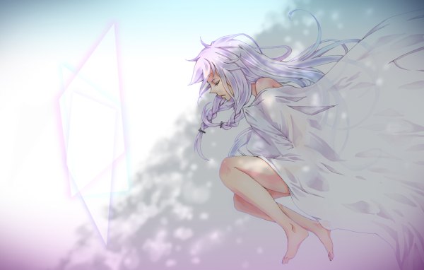 Anime picture 1200x764 with vocaloid ia (vocaloid) uminmin single long hair fringe bare shoulders pink hair lying braid (braids) barefoot bare legs twin braids sleeping girl