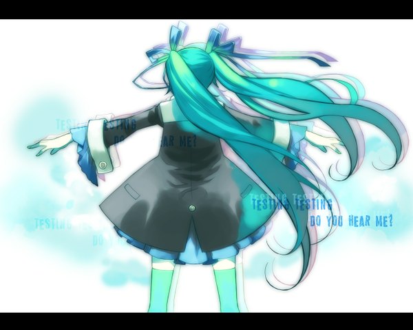 Anime picture 1280x1024 with vocaloid hatsune miku single long hair standing white background twintails from behind aqua hair inscription text spread arms english girl thighhighs ribbon (ribbons) hair ribbon sleeve cuffs