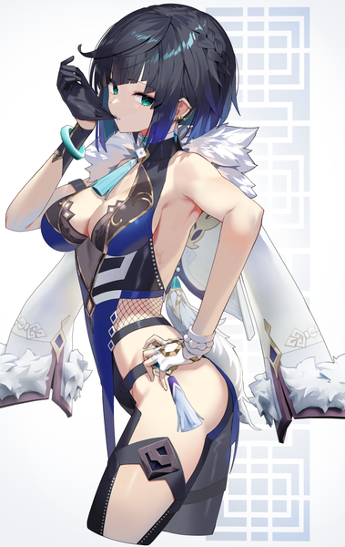 Anime picture 1578x2500 with genshin impact yelan (genshin impact) scottie (phantom2) single tall image looking at viewer fringe short hair breasts light erotic black hair simple background standing white background bare shoulders holding cleavage blunt bangs arm up aqua eyes