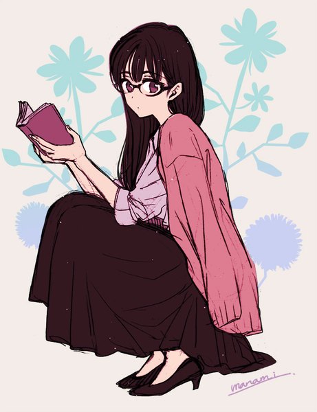 Anime picture 692x900 with himawari-san himawari-san (character) sugano manami single long hair tall image looking at viewer fringe black hair purple eyes signed full body squat clothes on shoulders floral background girl skirt book (books) black skirt long skirt