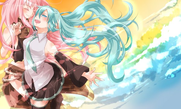 Anime picture 1480x900 with vocaloid hatsune miku megurine luka ginshachi (artist) long hair open mouth wide image twintails multiple girls pink hair cloud (clouds) eyes closed aqua eyes aqua hair holding hands girl skirt 2 girls detached sleeves miniskirt