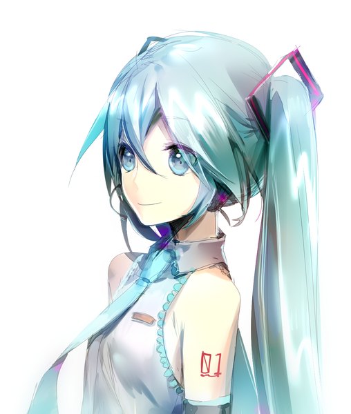 Anime picture 1130x1334 with vocaloid hatsune miku yyb single long hair tall image fringe simple background hair between eyes white background twintails bare shoulders looking away upper body aqua eyes aqua hair girl necktie headset