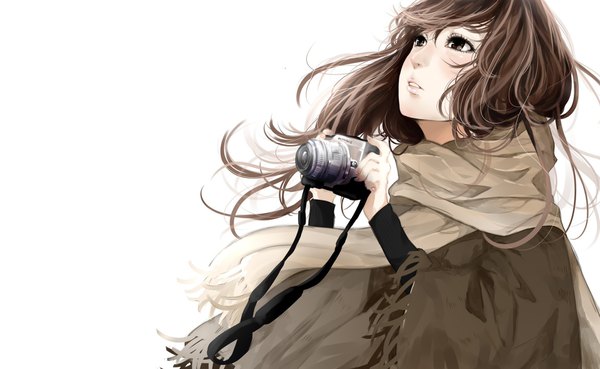 Anime picture 1920x1181 with original ruin (ynyndj) single long hair highres simple background brown hair wide image white background brown eyes wind looking up messy hair girl scarf camera