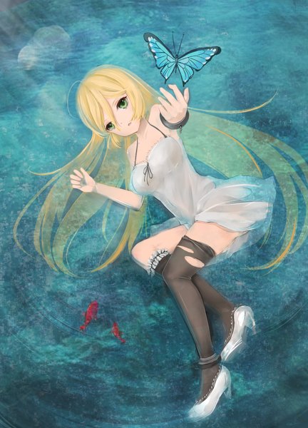 Anime picture 1200x1664 with original dre single long hair tall image looking at viewer fringe breasts blonde hair green eyes lying sunlight high heels outstretched arm wet clothes wet shirt girl thighhighs dress black thighhighs