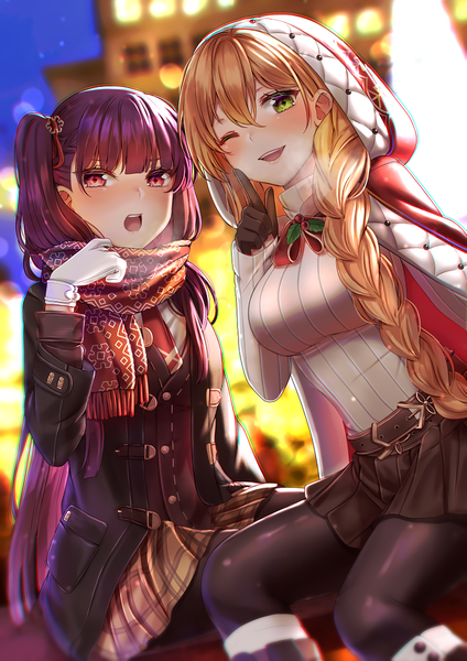 Anime picture 801x1133 with girls frontline wa2000 (girls frontline) m1903 springfield (girls frontline) saruei long hair tall image blush fringe breasts open mouth blonde hair smile hair between eyes sitting purple eyes multiple girls green eyes purple hair bent knee (knees) outdoors