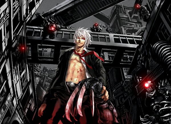 Anime picture 1100x796 with original minoo short hair smile red eyes white hair open clothes open jacket open shirt boy necktie building (buildings) blood suit ninja