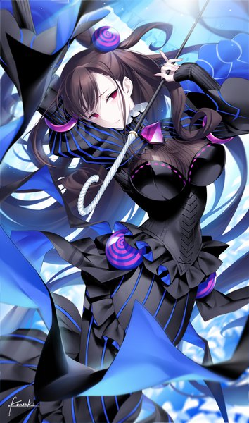 Anime picture 650x1101 with fate (series) fate/grand order murasaki shikibu (fate) kousaki rui single long hair tall image looking at viewer fringe breasts light erotic red eyes brown hair large breasts standing holding signed payot parted lips arm up