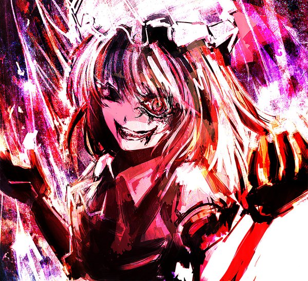 Anime picture 1000x913 with touhou flandre scarlet mark (abenyugu) single long hair looking at viewer blonde hair red eyes scar crazy smile girl gloves blood bonnet