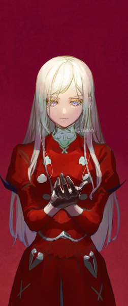 Anime picture 505x1200 with fire emblem fire emblem: three houses nintendo edelgard von hresvelg l0gman single long hair tall image simple background standing purple eyes signed looking away white hair twitter username gradient background red background girl dress gloves