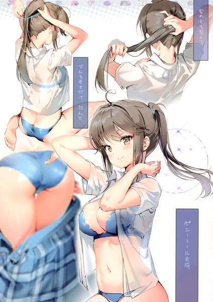 Anime picture 2419x3421 with original anmi single long hair tall image looking at viewer blush fringe highres breasts light erotic brown hair large breasts sitting brown eyes payot ass ponytail blurry scan