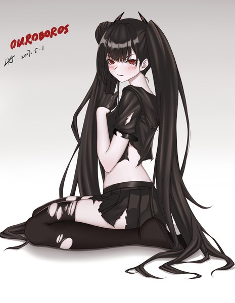 Anime picture 2716x3507 with girls frontline ouroboros (girls frontline) zui ai shuang mawei single tall image looking at viewer blush fringe highres light erotic black hair simple background red eyes sitting twintails signed full body very long hair pleated skirt horn (horns)