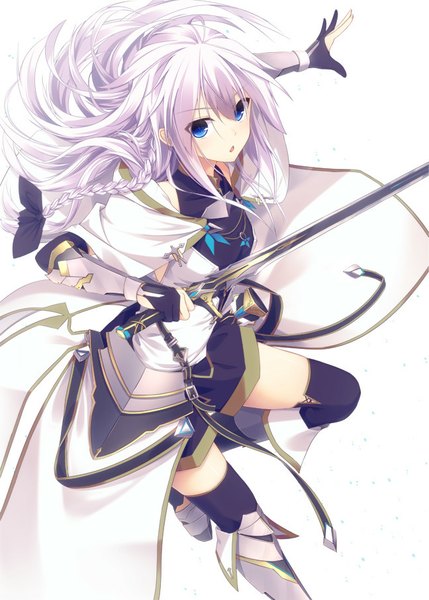 Anime picture 648x906 with original nagishiro mito single long hair tall image looking at viewer open mouth blue eyes white background white hair braid (braids) girl thighhighs bow weapon black thighhighs hair bow sword
