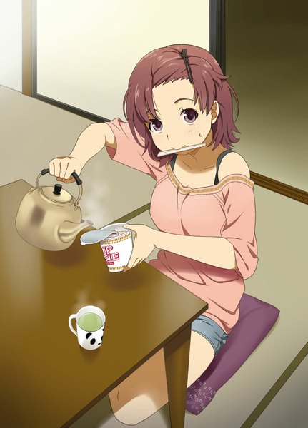 Anime picture 827x1150 with original mattaku mousuke single tall image looking at viewer short hair brown hair sitting holding brown eyes mouth hold girl hair ornament food shorts hairclip short shorts cup teacup room