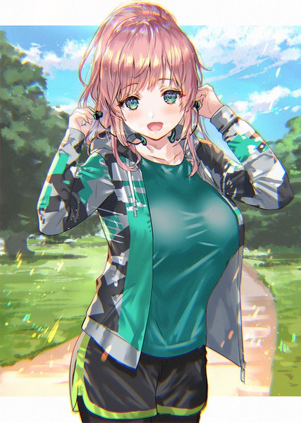 Anime picture 855x1200 with original ranou single long hair tall image looking at viewer blush fringe breasts open mouth smile large breasts standing holding green eyes pink hair sky cloud (clouds) outdoors :d