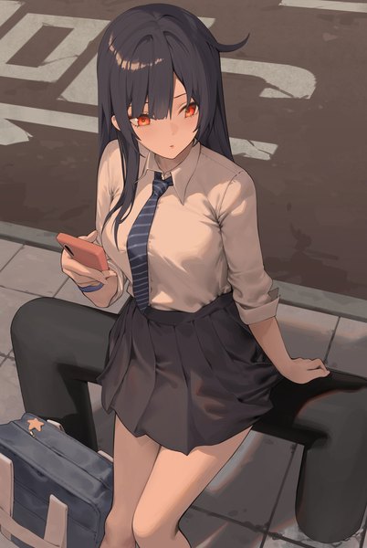 Anime picture 2348x3508 with original star741 single long hair tall image fringe highres black hair red eyes sitting holding looking away outdoors pleated skirt from above arm support street girl skirt uniform