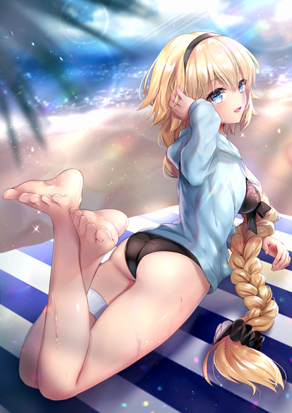 Anime picture 2894x4093 with fate (series) fate/grand order jeanne d'arc (fate) (all) jeanne d'arc (swimsuit archer) hane yuki single long hair tall image looking at viewer blush fringe highres breasts open mouth blue eyes light erotic blonde hair smile hair between eyes sky