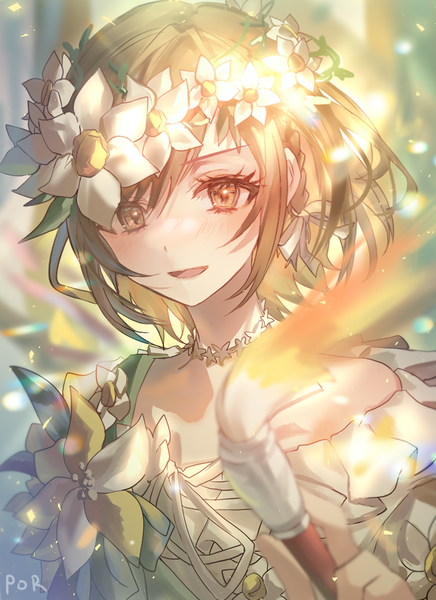 Anime picture 800x1100 with project sekai shinonome ena por ( por tt) single tall image short hair open mouth brown hair brown eyes signed looking away upper body :d girl flower (flowers) choker wreath paintbrush head wreath