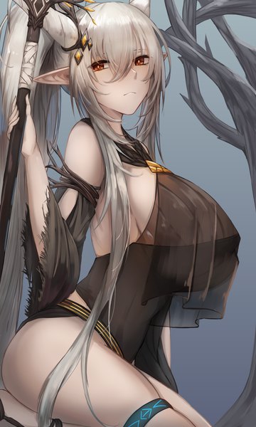 Anime picture 1200x2000 with arknights shining (arknights) shining (silent night) (arknights) uchisukui single long hair tall image looking at viewer fringe light erotic hair between eyes red eyes sitting bare shoulders holding payot horn (horns) pointy ears grey hair official alternate costume