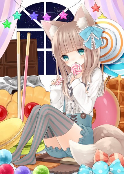 Anime picture 713x1000 with original ame usako long hair tall image looking at viewer blush blue eyes brown hair animal ears tail animal tail cat ears girl thighhighs dress bow hair bow food sweets striped thighhighs