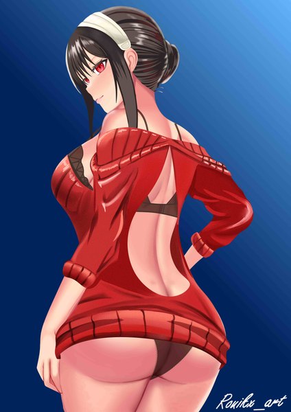 Anime-Bild 3508x4961 mit spy x family yor briar ronikx art single tall image fringe highres short hair breasts light erotic black hair simple background hair between eyes red eyes large breasts standing signed payot looking away absurdres