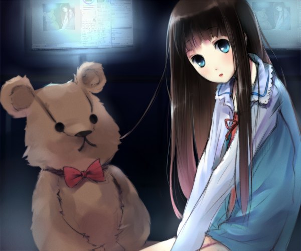 Anime picture 1200x1000 with kamisama no memochou shionji yuuko (alice) maigoyaki long hair blue eyes black hair loli girl bow teddy bear