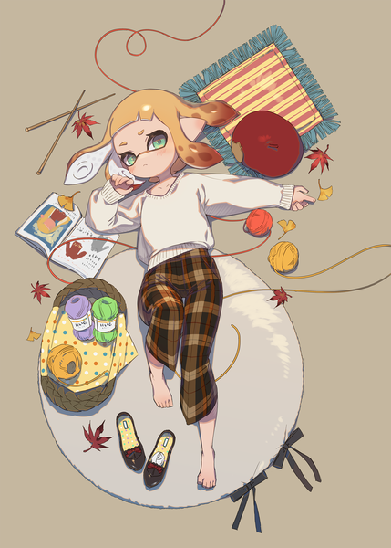 Anime picture 1430x2000 with splatoon nintendo inkling yu-ri single tall image looking at viewer short hair blonde hair green eyes full body lying barefoot from above pointy ears on back plaid shoes removed tentacle hair knitting