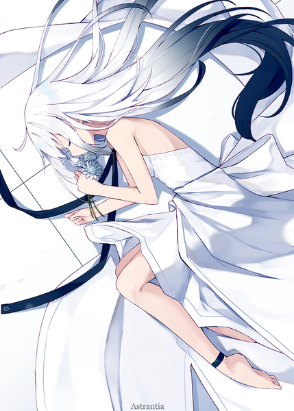 Anime picture 855x1196 with original nagishiro mito single long hair tall image looking at viewer fringe simple background holding payot full body white hair lying eyes closed profile barefoot sleeveless on side gradient hair sleeping