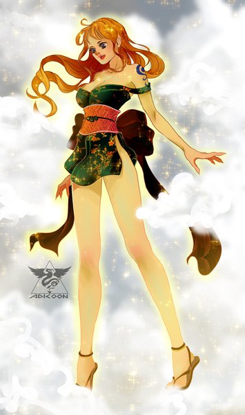 Anime picture 1278x2160 with one piece toei animation nami (one piece) adicoon single long hair tall image breasts light erotic bare shoulders signed sky cleavage cloud (clouds) full body traditional clothes japanese clothes wind orange hair off shoulder