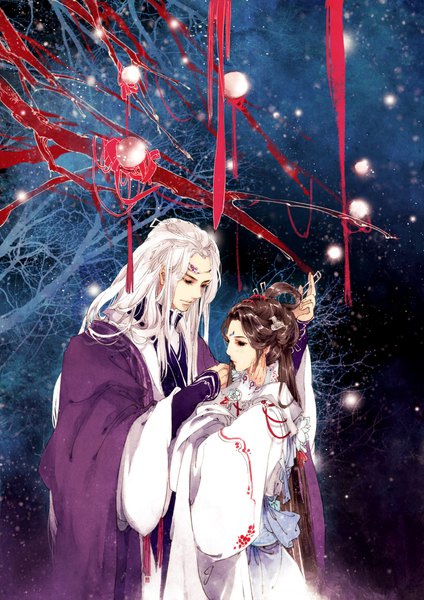 Anime picture 1600x2263 with original ibuki satsuki long hair tall image brown hair white hair traditional clothes night couple adjusting hair looking down girl dress boy hair ornament white dress hairclip branch hairpin (hairpins) thread