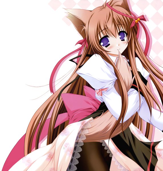 Anime picture 3855x4048 with tayutama lump of sugar mito mashiro moekibara fumitake single tall image blush fringe highres hair between eyes brown hair white background purple eyes animal ears payot looking away absurdres tail animal tail light smile