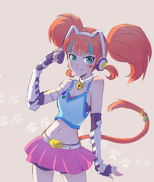 Anime picture 1600x1891 with rwby rooster teeth neon katt iesupa single tall image looking at viewer fringe short hair breasts smile twintails cleavage tail blunt bangs animal tail multicolored hair orange hair cat tail tattoo