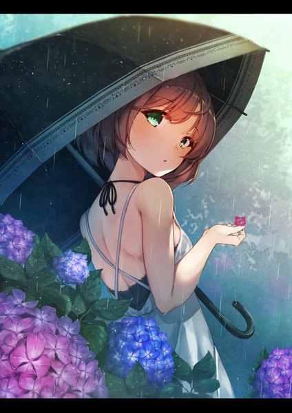 Anime picture 1158x1637 with original waterdog single tall image looking at viewer blush fringe short hair hair between eyes brown hair standing bare shoulders holding green eyes outdoors looking back from behind letterboxed rain girl