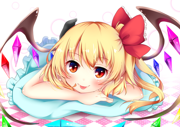 Anime picture 1771x1254 with touhou flandre scarlet sisterakuma single long hair looking at viewer blush fringe highres blonde hair red eyes lying loli side ponytail on stomach :p checkered floor floor girl bow