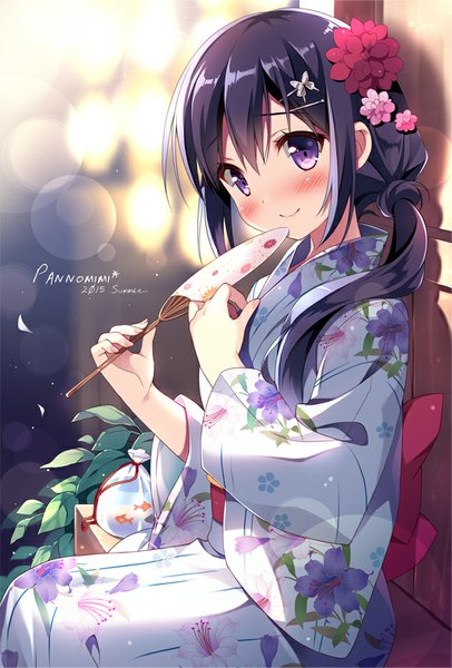 Anime picture 608x898 with original pan (mimi) single long hair tall image looking at viewer blush black hair smile purple eyes traditional clothes japanese clothes floral print girl hair ornament animal fish (fishes) fan butterfly hair ornament yukata