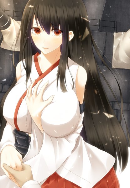 Anime picture 1000x1444 with kantai collection fusou battleship karube karu single long hair tall image blush fringe breasts open mouth light erotic black hair red eyes looking away traditional clothes light smile huge breasts holding hands hand on chest nontraditional miko