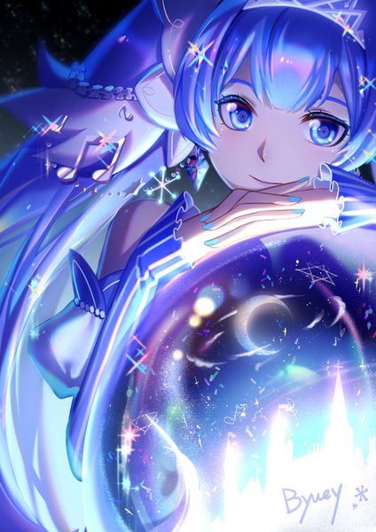 Anime picture 2474x3500 with vocaloid hatsune miku yuki miku yuki miku (2019) byuey single long hair tall image looking at viewer fringe highres blue eyes twintails signed blue hair nail polish light smile sparkle interlocked fingers girl