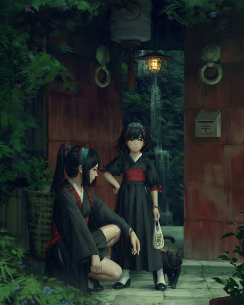 Anime picture 1638x2048 with original guweiz long hair tall image black hair standing multiple girls holding looking away full body outdoors ponytail long sleeves traditional clothes japanese clothes profile short sleeves puffy sleeves hand on hip kneeling