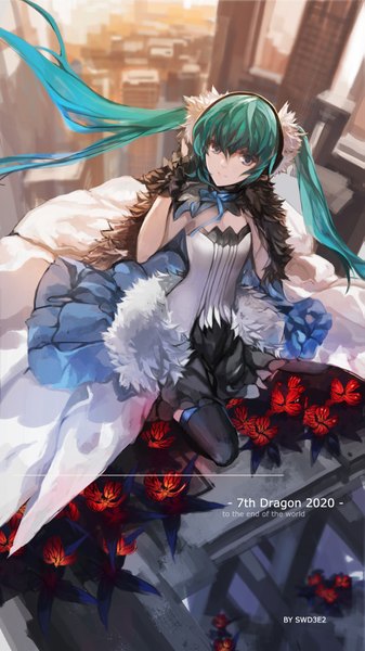 Anime picture 1063x1890 with 7th dragon 7th dragon 2020 vocaloid hatsune miku swd3e2 single tall image looking at viewer blue eyes twintails very long hair aqua hair girl thighhighs dress flower (flowers) black thighhighs