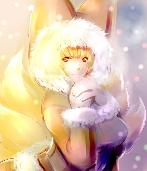 Anime picture 1200x1400 with touhou yakumo ran dearmybrothers single tall image fringe breasts blonde hair smile animal ears orange eyes alternate costume fox ears fox tail fox girl snowing winter multiple tails girl gloves