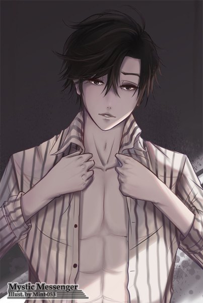 Anime picture 800x1190 with mystic messenger jumin han mint-053 single tall image looking at viewer fringe short hair black hair hair between eyes signed upper body parted lips head tilt black eyes open shirt copyright name dark background striped muscle