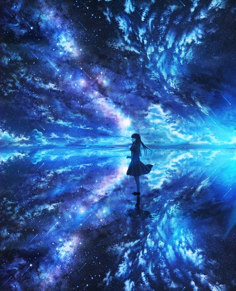Anime picture 3000x3700 with original kenzo 093 single long hair tall image fringe highres looking away sky cloud (clouds) outdoors profile short sleeves reflection landscape scenic dark hair shooting star girl skirt