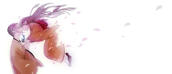 Anime picture 3029x1313 with original tottome long hair highres simple background wide image white background purple hair eyes closed japanese clothes profile hair flower couple girl boy hair ornament flower (flowers) petals kimono obi