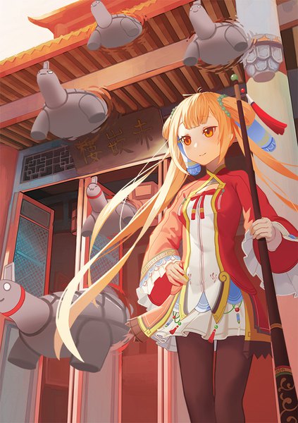 Anime picture 634x900 with fucheng girls qianjing single long hair tall image blush fringe blonde hair smile standing twintails holding looking away ahoge outdoors traditional clothes orange eyes chinese clothes hair rings girl